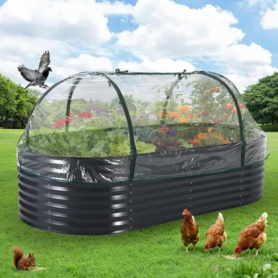 Image de Jardinière surélevée ovale - Bac à plantes - Galvanisée - Avec couvercle et portes à fermeture éclair - Fond ouvert - Très grande taille - Blanche