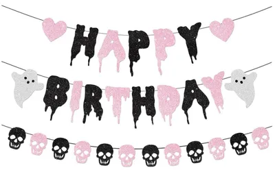 Productafbeelding van Glitterende verjaardagsbanner, Halloween schedelgarland, roze, 3 meter