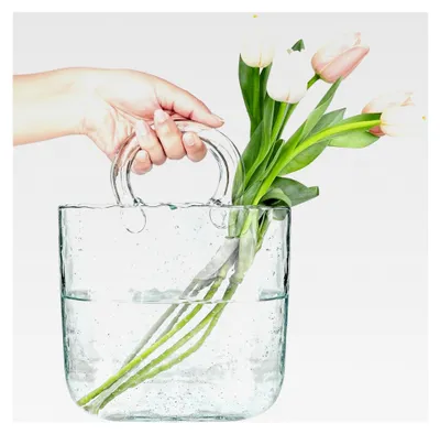 Produktbild von Deko Handtasche Glasvase - klar und mundgeblasen für Blumen, Obst, Potpourri, kleine Fische, Süßigkeiten - Kristall-Wasserblasen-Beutel Ästhetik