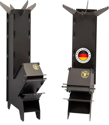Two views of a black metal rocket stove, one with a 'Made in Germany' sticker.