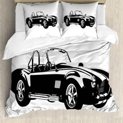 Produktbild von ABAKUHAUS Autos Bettbezug, Sports Car Roadster Motor, Milbensicher Allergiker geeignet mit Kissenbezügen, 200 cm x 200 cm - 80 x 80 cm, Schwarz-Weiss