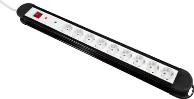 A black and white power strip with multiple outlets and a red on/off switch is shown against a white background.