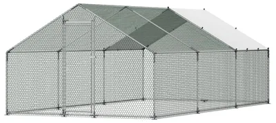 Obrázok produktu pre Kovový kurník, 9,8 x 19,6 x 6,5 ft Veľký kurník s krytom, kurník so špicatou strechou a bezpečnostným zámkom, vonkajšia klietka pre kačice a zajace, kurník pre dvorku, farmu, dvor