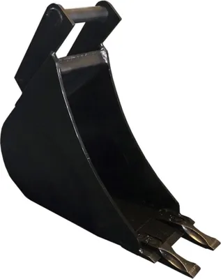 A black excavator bucket with teeth, isolated on a white background.