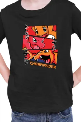 Obrázek produktu pro Dětské Triko Japan Manga Anime Comics Animation Pokeball Charmander Evolutions, 3-4 Jahr - 104 / Černá