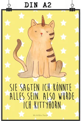 Produktbild von Mr. & Mrs. Panda Bild Einhorn Katze DIN A2 - Gelb Pastell - Geschenk, drucke, Mieze, Glitzer, Wandbild, Unicorn, Kunstdruck, Regenbogen, Posterdruck, wanddeko