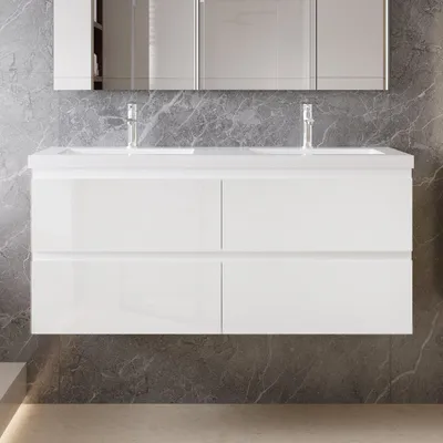Produktbild von 120 cm Badmöbel-Set Unterschrank mit Mineralguss waschtisch 2 Schubladen soft-close Hochglanz Weiß Selbstmontierter