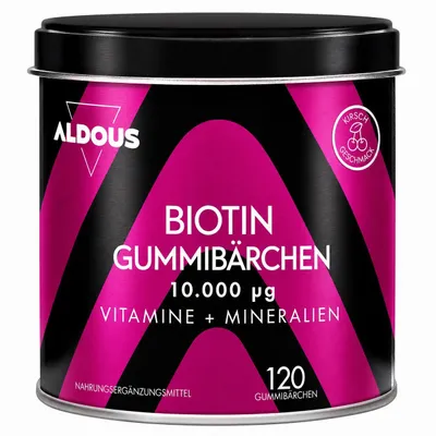 Produktbild von Biotin 10.000 mcg - 120 Gummibärchen - Kirschgeschmack - Haargummis - Folsäure, Zink, Selen, Jod + Vitamine -Biotin für Haare - Haare Haut & Nägel