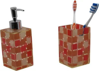 Produktbild von 2tlg Set Bad Accessoires Seifenspender Zahnputzbecher / Mundspülbecher Mosaik Orange