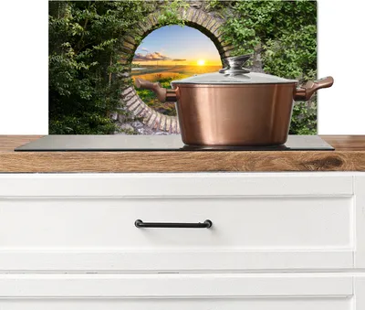 Produktbild von KitchenYeah®  Spritzschutz Küche - Küchenrückwand - Wandschutz für Herd und Spüle - Landleben - Ausblick - Sonne 70x30 - Alu-Dibond (Alternative zum Spritzschutz aus Glas) - Hitzebeständig - Herdsprit