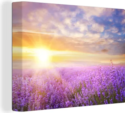 Produktbild von MuchoWow® - Leinwandbilder - Lavendel - Sonne - Himmel - Natur, Wandbild, Wanddeko Bilder Wohnzimmer, 80x60 cm