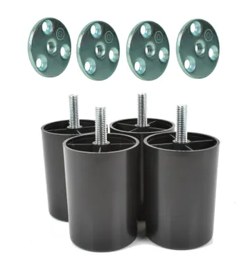 Zdjęcie produktu dla Zestaw 4 sztuk plastikowych nóżek meblowych, kolor czarny, M8 x 25 mm, wysokość 70 mm, w zestawie 4 stalowe płytki montażowe o średnicy 40 mm, nóżki meblowe do sofy, łóżka i szafy