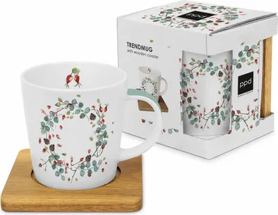 Immagine prodotto di PPD Nordic Moods Trend Mug Nature, con sottobicchiere in legno, tazza, tazza da tè, tazza da caffè, 350 ml, 604541