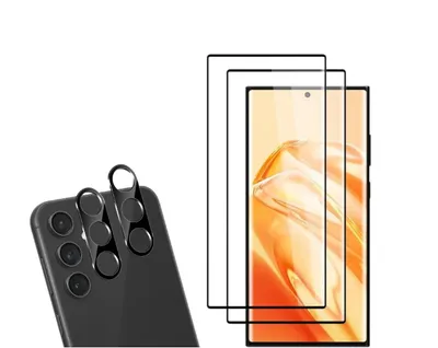 A product shot showing a smartphone with camera lens protectors and screen protectors.