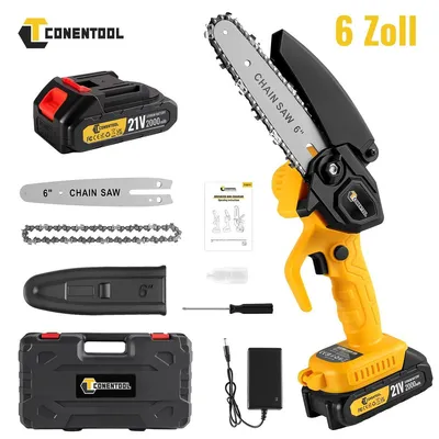 Produktbild von Akku-Kettensäge Mini Einhandastsäge 21V 600W Schnittlänge 15 cm Schwert 6 Zoll Elektro Handkettsäge für Garten Astschnitt Hecken mit Akku Ladegerät