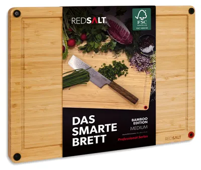 Produktbild von REDSALT® innovatives Bambus Holz Schneidebrett Groß M | 36x26x2,5cm Holzbrett beidseitig verwendbar rutschfest tiefe Saftrille | Premium Schneidbrett