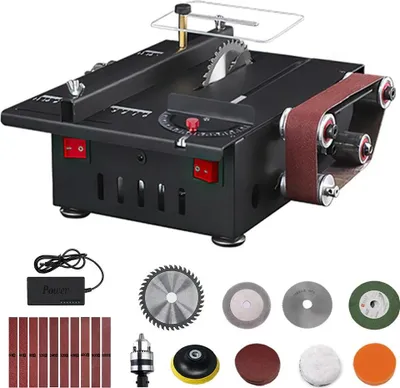 Obrázek produktu pro Mini stolní kotoučová pila a pásová bruska – vylepšená verze 200 W – 7 stupňů – kotouč o průměru 110 mm – hloubka řezu 30 mm – brusný pás 30 × 420 mm – zástrčka pro EU