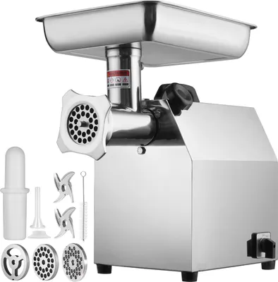 A stainless steel electric meat grinder with accessories, shown on a white background.