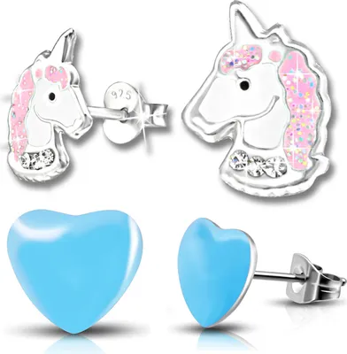 Produktbild von 2x Kinder Ohrringe Echt 925 Silber Pferde Einhorn Mädchen Ohrstecker Herz Edelstahl K207+K299