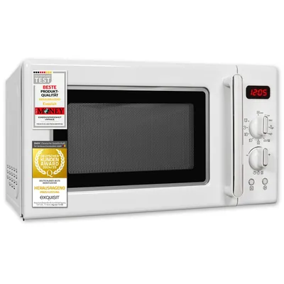 Produktbild von Exquisit Retro-Mikrowelle 700 Watt, 25,5 cm Drehteller, 1000 Watt Grill, 20L, 5 Leistungsstufen, Auftaufunktion, 2 Drehregler, RMW720-3GDIG weiss