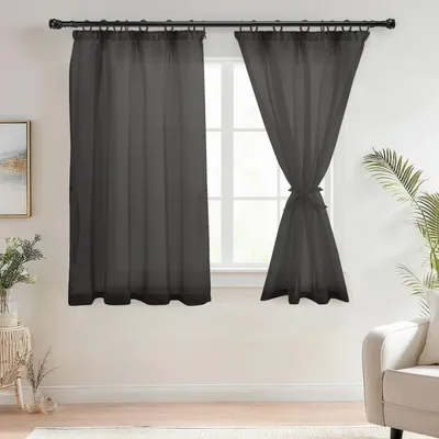 Voile Gardinen Set 2er, Linnenlook, Schwarz, 145x140 cm