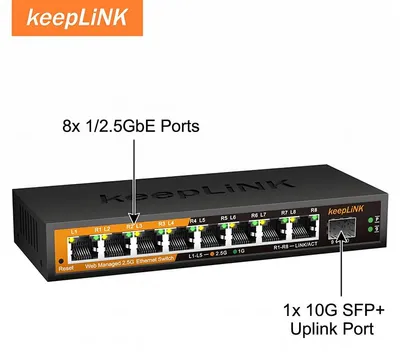 Zdjęcie produktu dla Przełącznik sieciowy, konfiguracja 9 portów, zarządzanie przez interfejs webowy, 8x2,5 GbE, 1x10G SFP