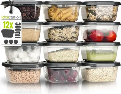 Produktbild von Set von 12 stapelbaren Vorratsbehältern 300 ml - Transparente Aufbewahrungsboxen für Lebensmittel und Mahlzeitenvorbereitung