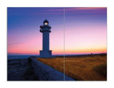 Produktbild von Wallario Herdabdeckplatte aus Glas, Größe 70 x 52 cm 2-teilig, Motiv Leuchtturm am Abend auf den Balearen Malerischer Himmel