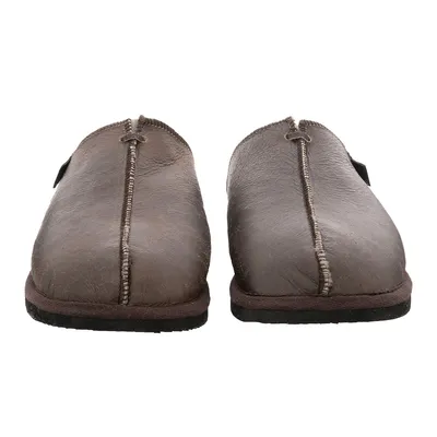 A pair of brown leather slippers shown from the front on a white background.