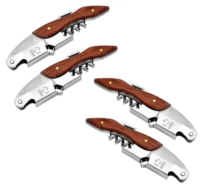 Four corkscrews are arranged diagonally on a white background.