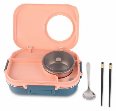 Lunchbox 3 Fächer, isoliert, mit Besteck, 1100 ml, rosa