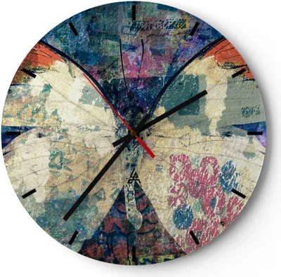 Produktbild von Wanduhr - Rund - Glasuhr - Schmetterling Abstraktion - 30x30cm - Schleichendes Uhrwerk - Lautlos - zum Aufhängen bereit - Dekoration Modern - Wanddekoration aus Glas - C3AR30x30-3990