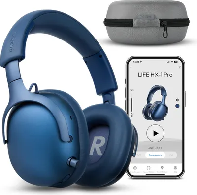A product shot of blue over-ear headphones, a charging case, and a smartphone displaying the product's app.