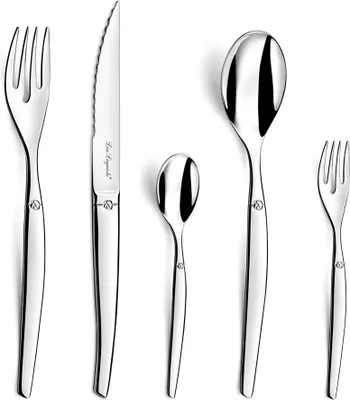 A set of five polished silver cutlery pieces arranged in a row against a white background.