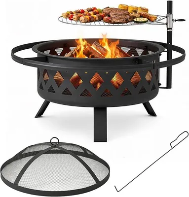 Produktbild von Feuerschale mit Grill, 2-in-1 Feuerstelle Garten mit Funkenschutz und 360° Schwenkgrill, Outdoor Feuerkorb zum Grillen und Heizen für Terrasse & Garten