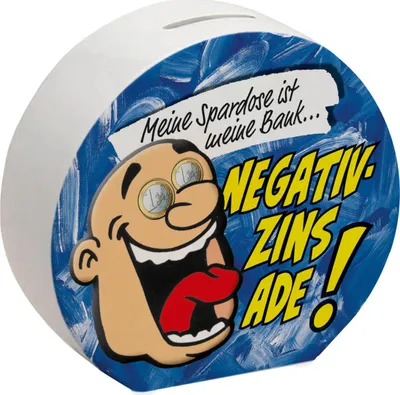 Produktbild von Spardose in blau zum Thema Negativzins mit Comic-Motiv