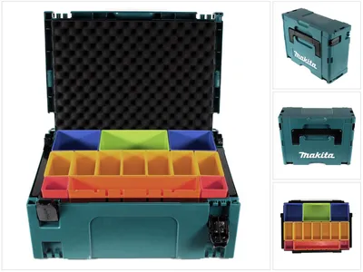 Obrázek produktu pro Systémový kufr Makita MAKPAC 2 + vložka do boxu s barevnými boxy P-83652 + pěnová vložka víka