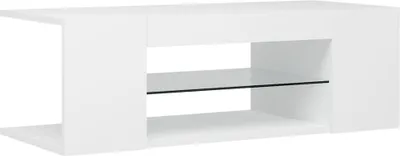 A white TV stand with a glass shelf.