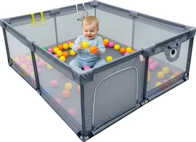 Produktbild von Relaxdays Laufstall Baby, 150 x 150 cm, Laufgitter, 50 Bällen, 2 Laufstallringe, sichere Spielecke, Oxford-Gewebe, grau