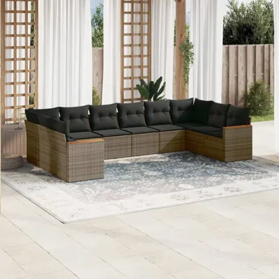Produktbild von Design 10-tlg. Garten-Sofagarnitur mit Kissen Grau Poly Rattan, Gartenmöbel-Sets 2024 Neu