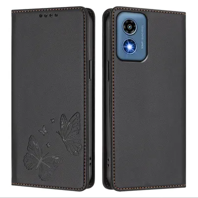 Produktbild von Lederhülle für Motorola Moto G 5G 2024, Schmetterling Prägung Leder Brieftasche Schutzhülle mit Ständer Schwarz