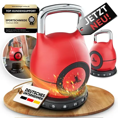 A red adjustable kettlebell with various weights displayed on a wooden surface, with marketing overlays.
