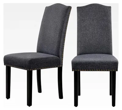 Produktbild von Esszimmerstühle 2er Set Küchenstuhl mit hoher Rückenlehne, moderne Stühle für Küche und Esszimmer, Beine aus Massivholz, gepolsterte Sitzfläche aus Leinen bis 136 kg belastbar, dunkelgrau