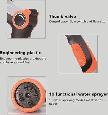 Immagine prodotto di Pistola da giardino con doccetta - 10 modalità di spruzzo - arancione - multifunzionale per l'irrigazione e la cura del giardino.