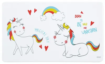 A decorative cardboard with two cartoon unicorns, a rainbow, and hearts.