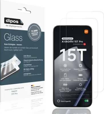 Produktbild von 2x Schutzfolie für Xiaomi 15T Pro - Anti-Shock 9H Folie dipos Glass Kunststoffglas