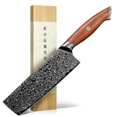 Immagine prodotto di Coltello da cucina Nakiri in acciaio VG10 con motivo damascato, manico in legno, 30 cm