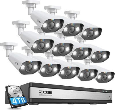 Produktbild von ZOSI 4K PoE Überwachungskamera Set mit 2 Wege Audio, 12x 8MP IP Aussen Kameras und 16CH 4K 4TB NVR, Personenerkennung, Spotlight Alarm