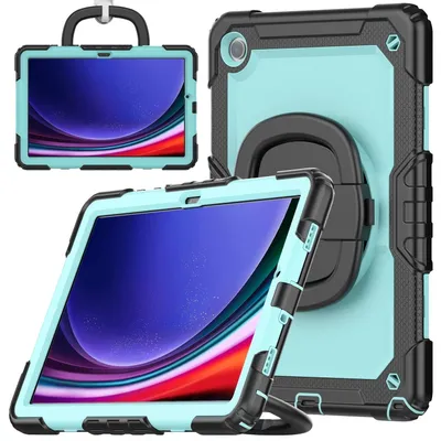 Produktbild von Für Samsung Galaxy Tab A9 Plus aufstellbare Outdoor Hybrid 360 Grad Tasche mit Schultergurt Schwarz / Hellblau