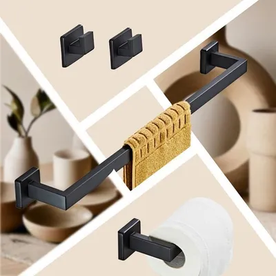 Image de Ensemble d'accessoires de salle de bain - porte-serviettes, porte-papier toilette et crochet porte-serviettes - acier inoxydable - noir